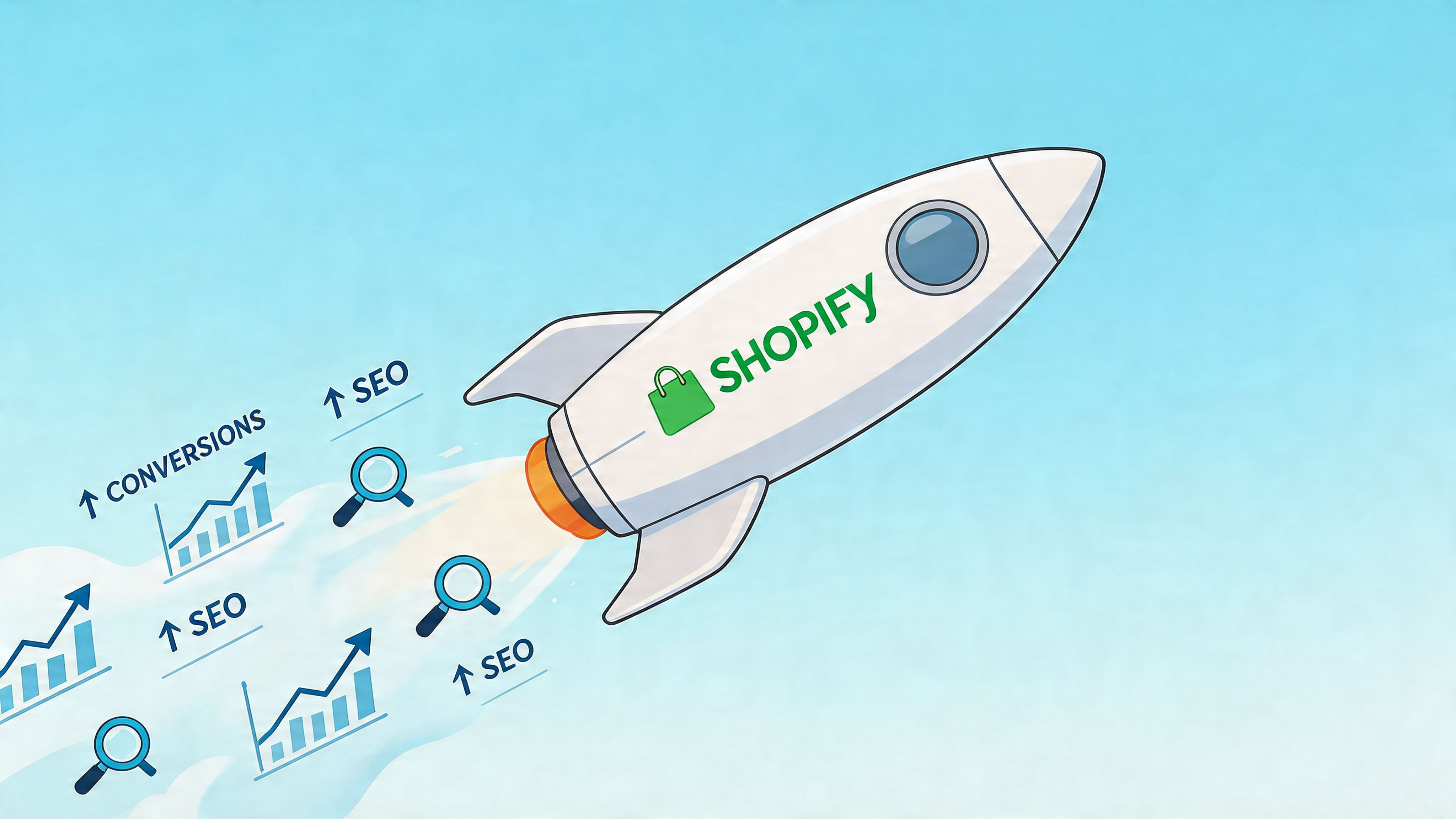A rocket with the Shopify logo launching, surrounded by icons of increasing graphs and SEO search magnifiers.
