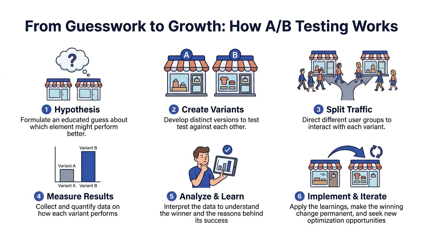 An infographic illustrating the six steps of the A/B testing process for business optimization and growth strategies.