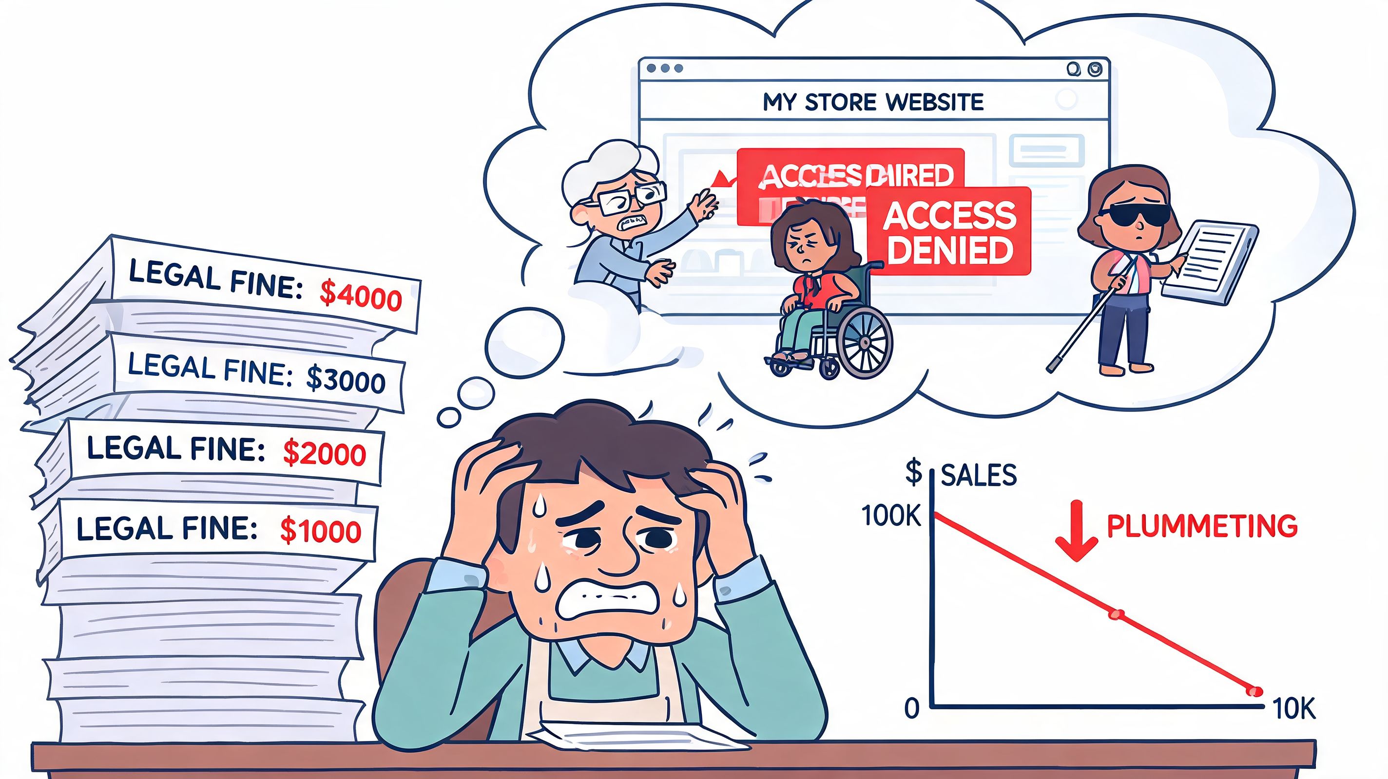 A stressed business owner worried about website accessibility lawsuits, legal fines, and plummeting sales figures.