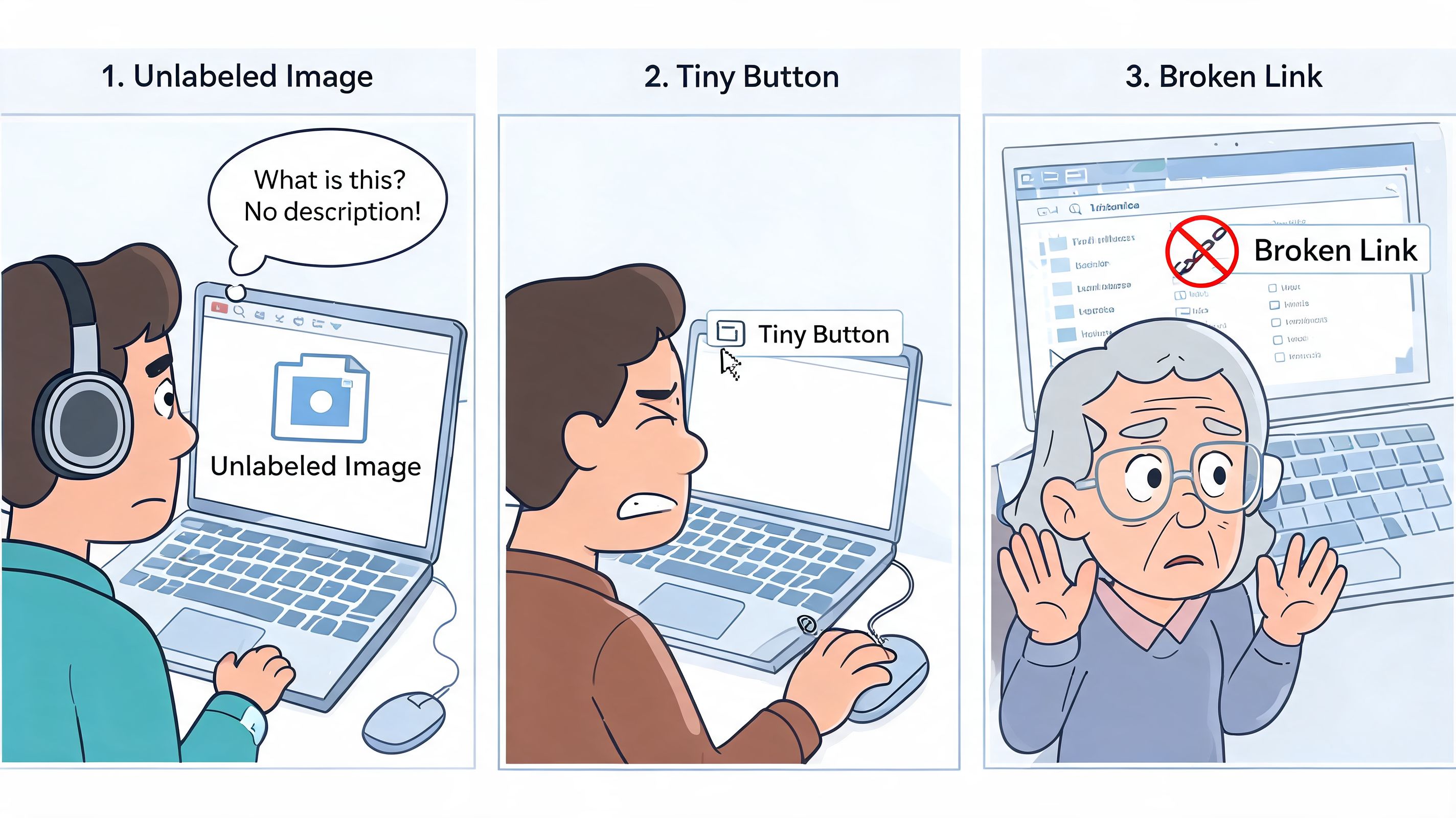 A cartoon illustration showing three common web accessibility issues: unlabeled images, tiny buttons, and broken links.