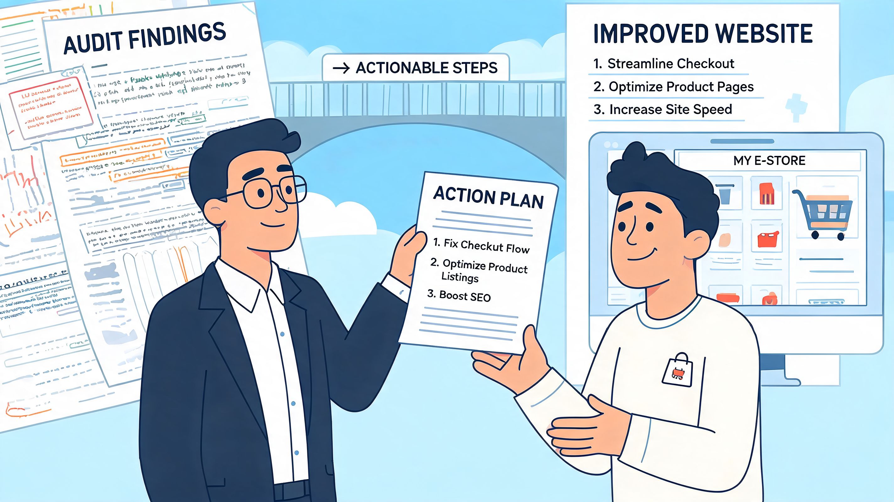 A professional consultant presenting a business action plan to an e-commerce store owner after a website audit.