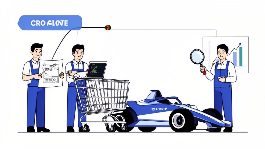 Three cartoon men in blue overalls, a race car, and various tools representing business development and optimization.