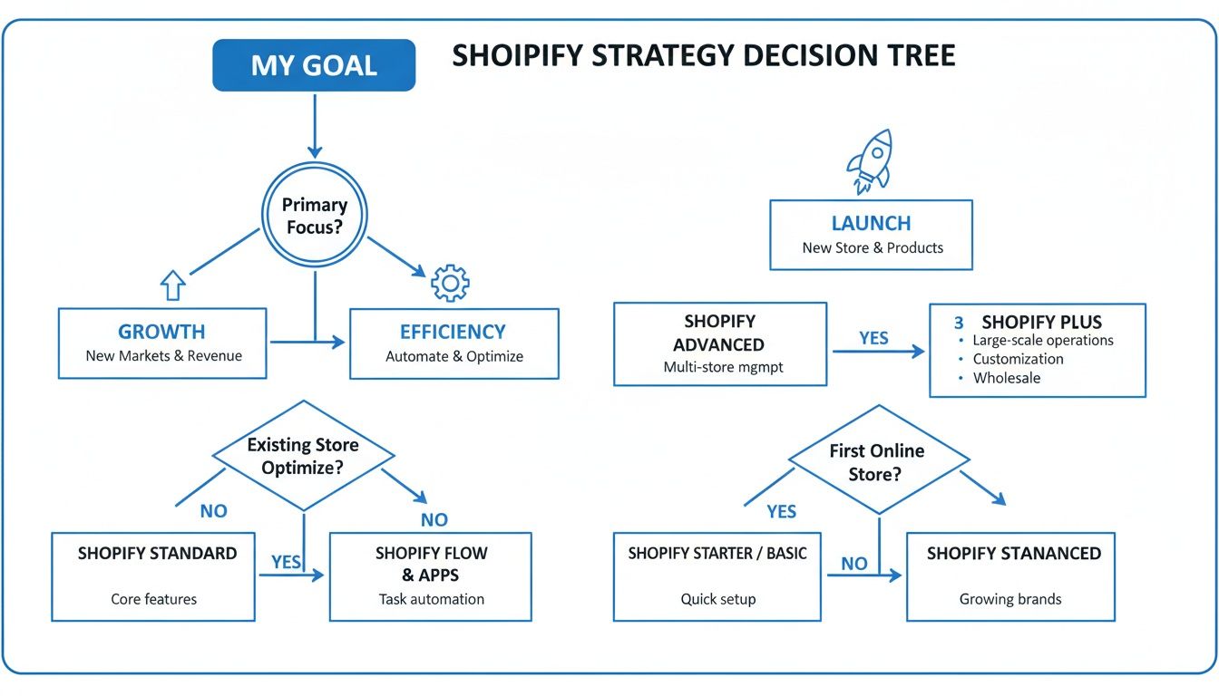 Shopify strategy decision tree diagram outlining different paths for growth, efficiency, or launching new stores.