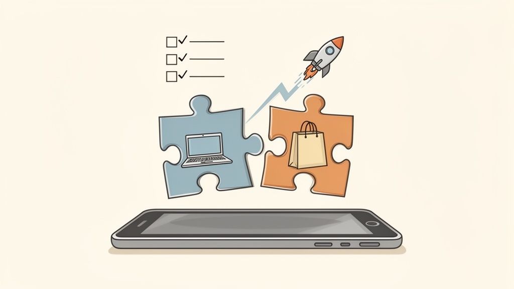 Two puzzle pieces, one with a laptop and one with a shopping bag, connect above a smartphone, indicating e-commerce integration and growth.