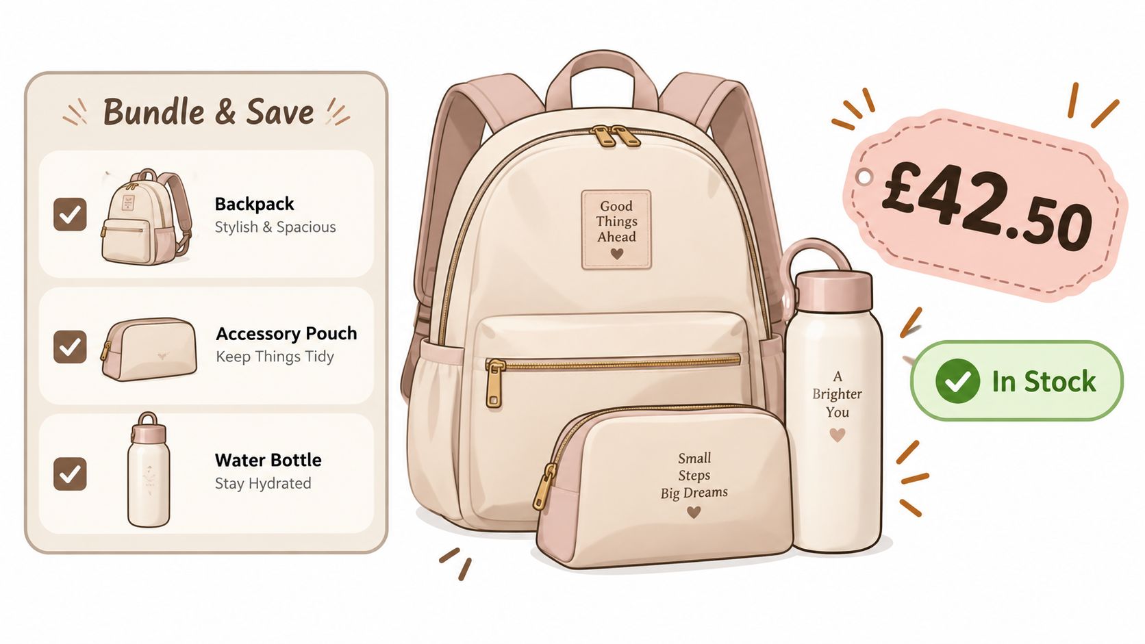 A beige bundle set featuring a backpack, an accessory pouch, and a water bottle for £42.50.