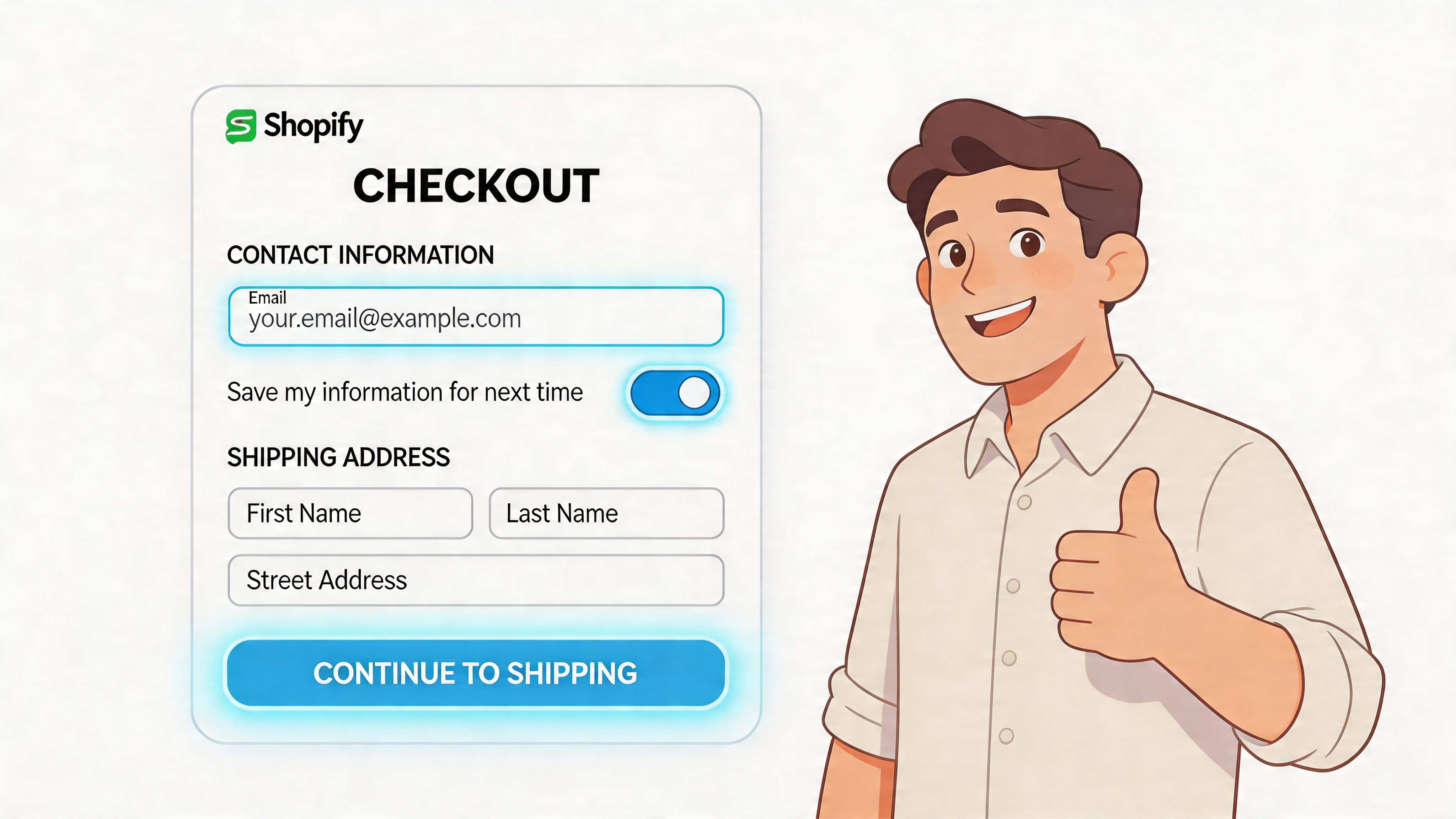A smiling man giving a thumbs up next to a digital Shopify checkout form interface.
