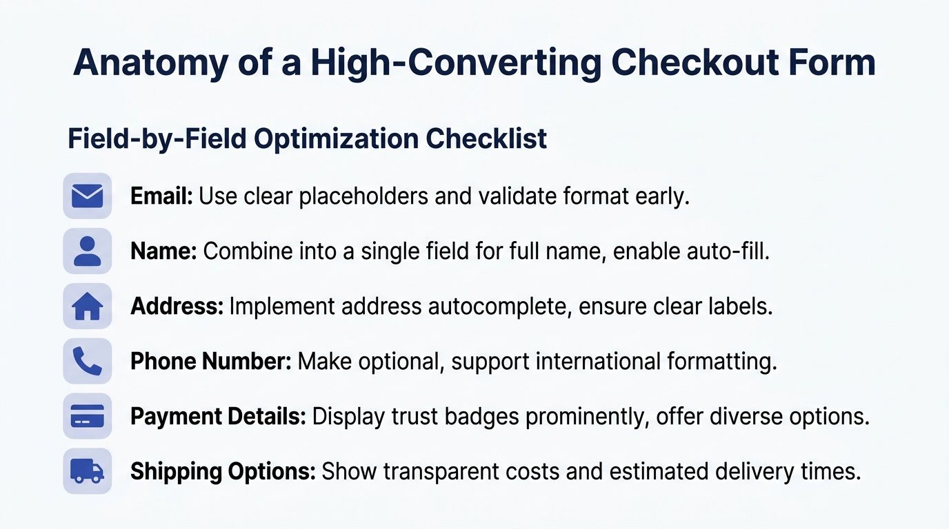 A checklist for optimizing checkout forms covering email, name, address, phone, payment, and shipping information fields.