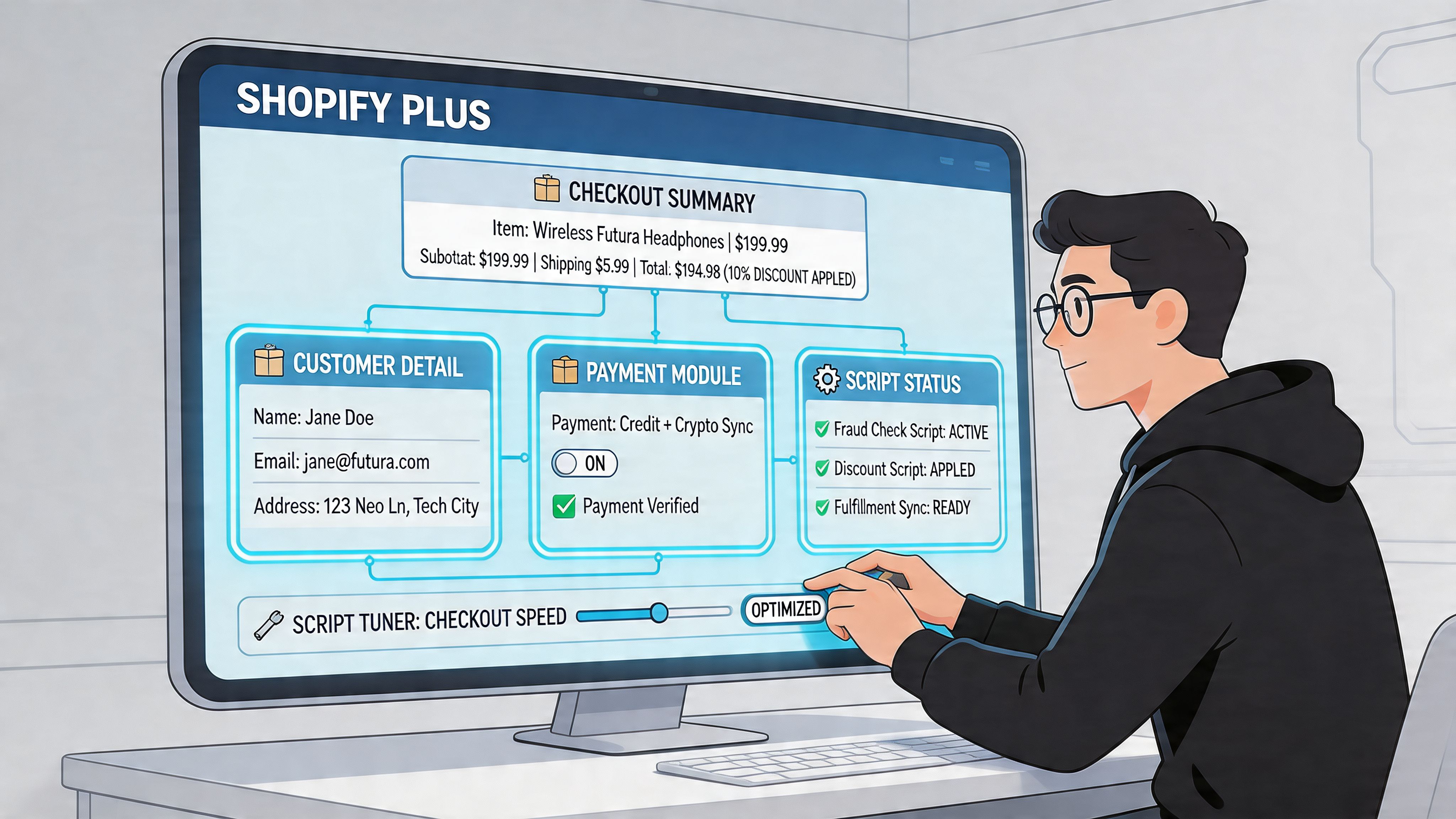 A digital illustration of a person optimizing a Shopify Plus checkout interface on a large computer screen.