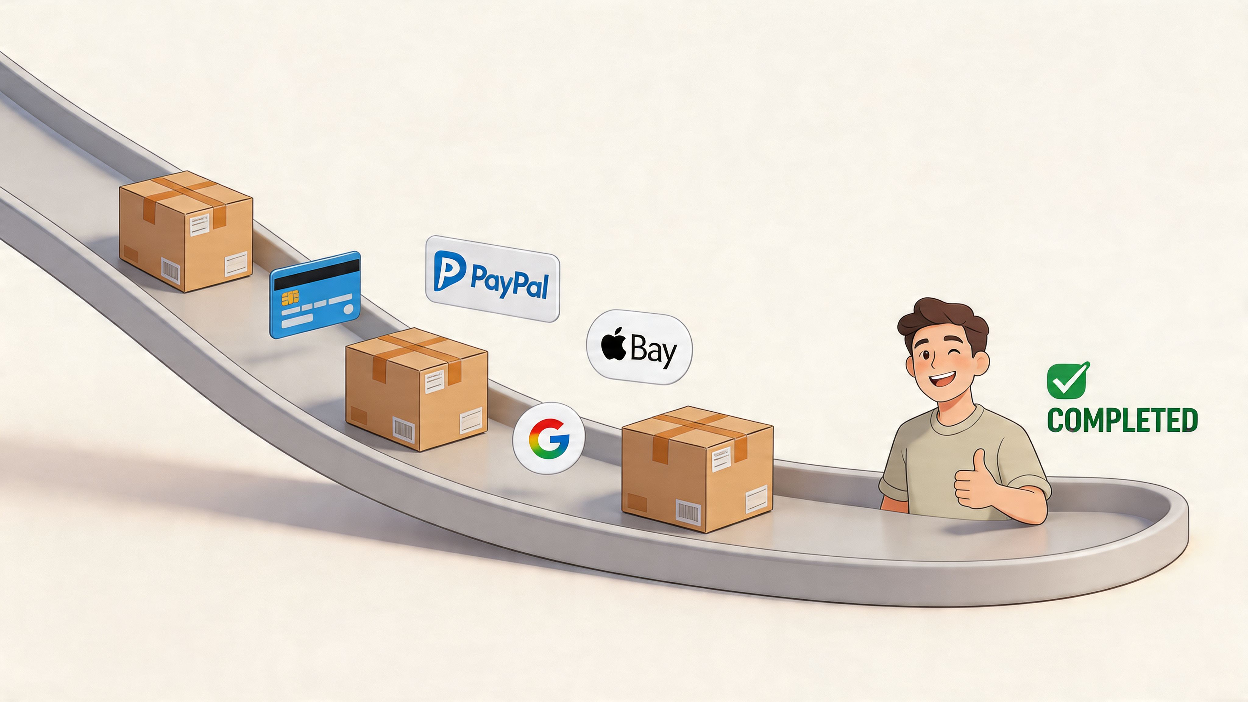 A happy person giving a thumbs up next to a conveyor belt with packages and payment logos.