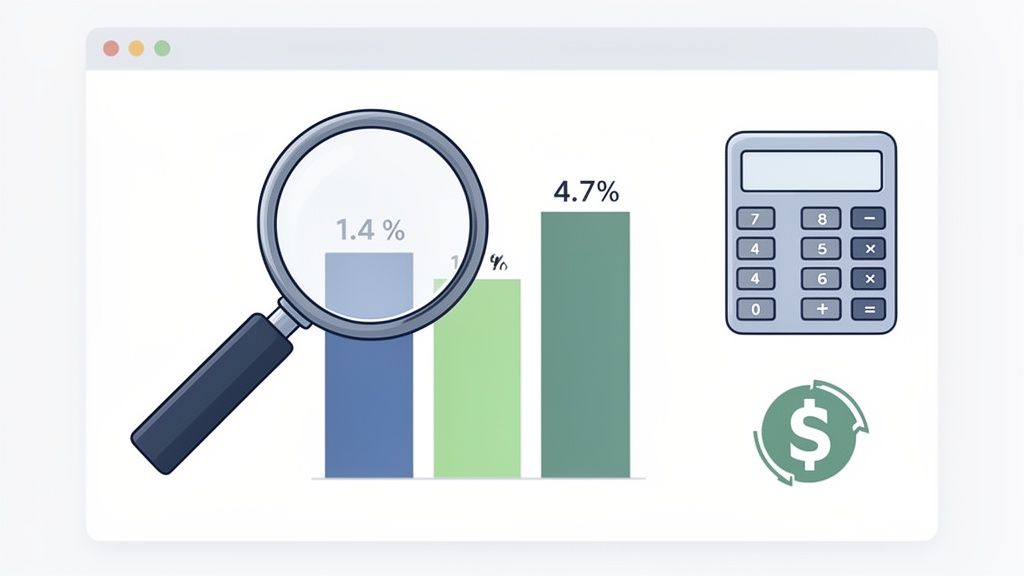 Illustration of a browser with a bar chart, magnifying glass, calculator, and dollar sign, symbolizing financial data analysis and optimization.