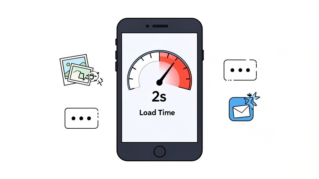 A smartphone displaying 2s load time on a speed gauge, surrounded by icons for images, text, and email.