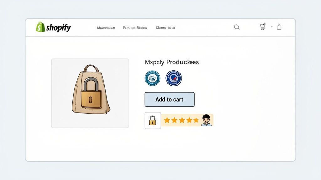 A Shopify product page displaying a bag with a padlock, an 'Add to cart' button, and customer ratings.
