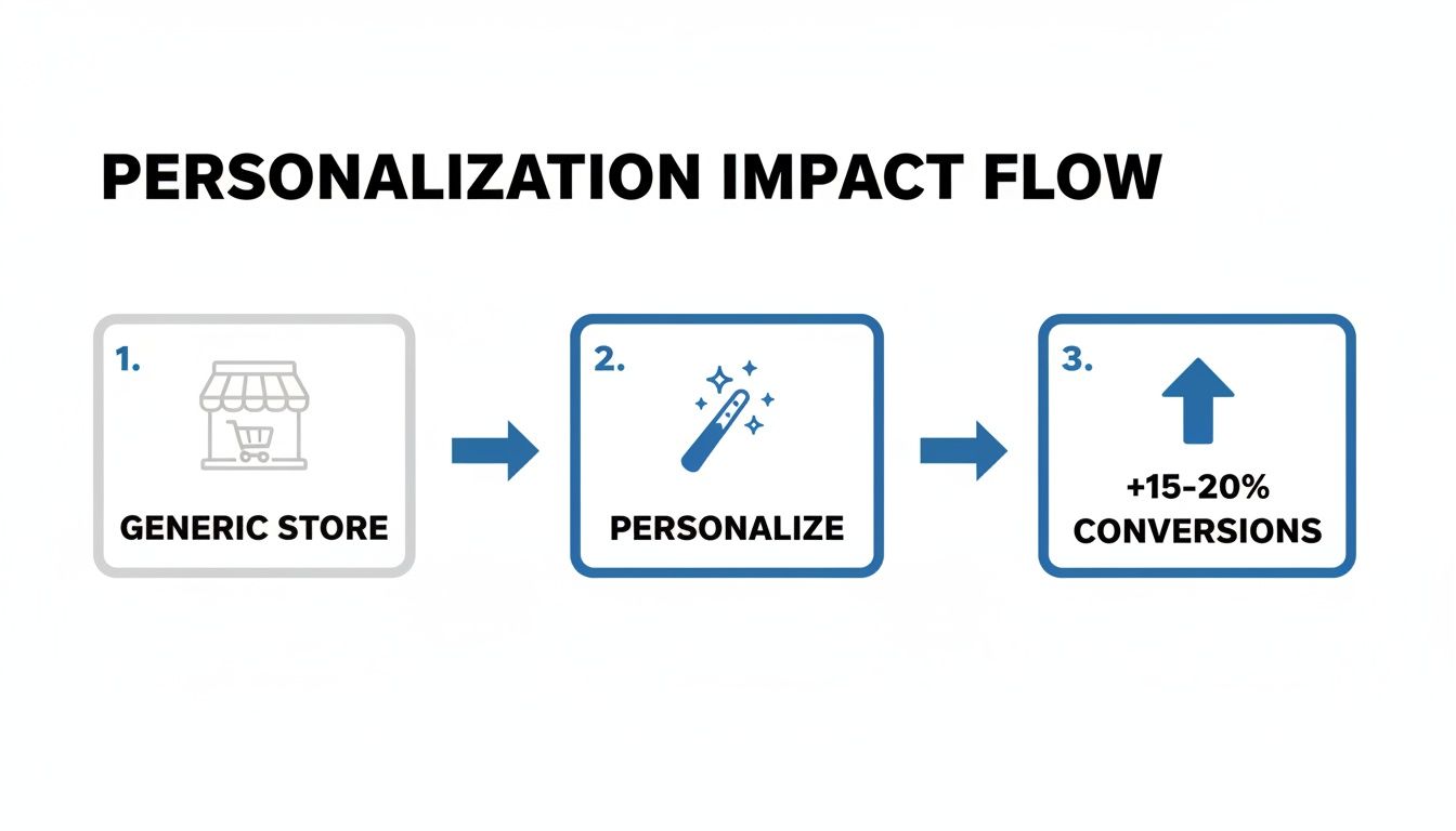 Flowchart illustrating how personalizing a generic store leads to a 15-20% increase in conversions.