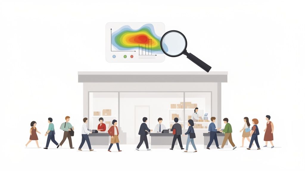 An illustration of people walking around a store, with a heatmap and magnifying glass symbolizing customer behavior analysis.