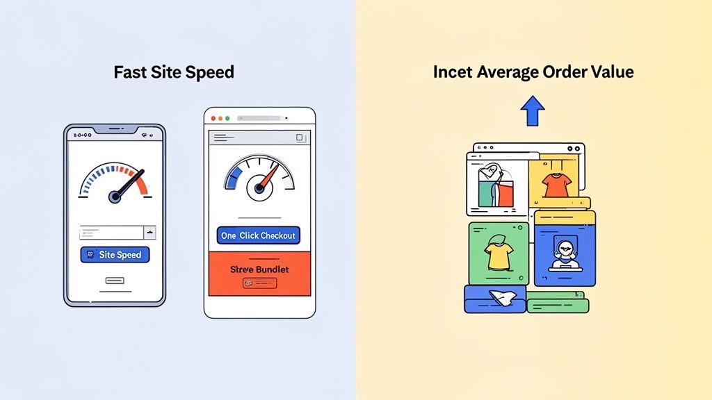 Illustration showing fast mobile site speed, one-click checkout, and product bundles increasing average order value.