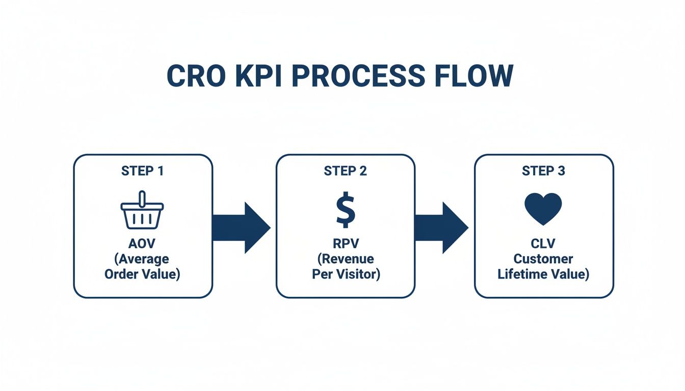 CRO KPI process flow chart detailing Average Order Value, Revenue Per Visitor, and Customer Lifetime Value.