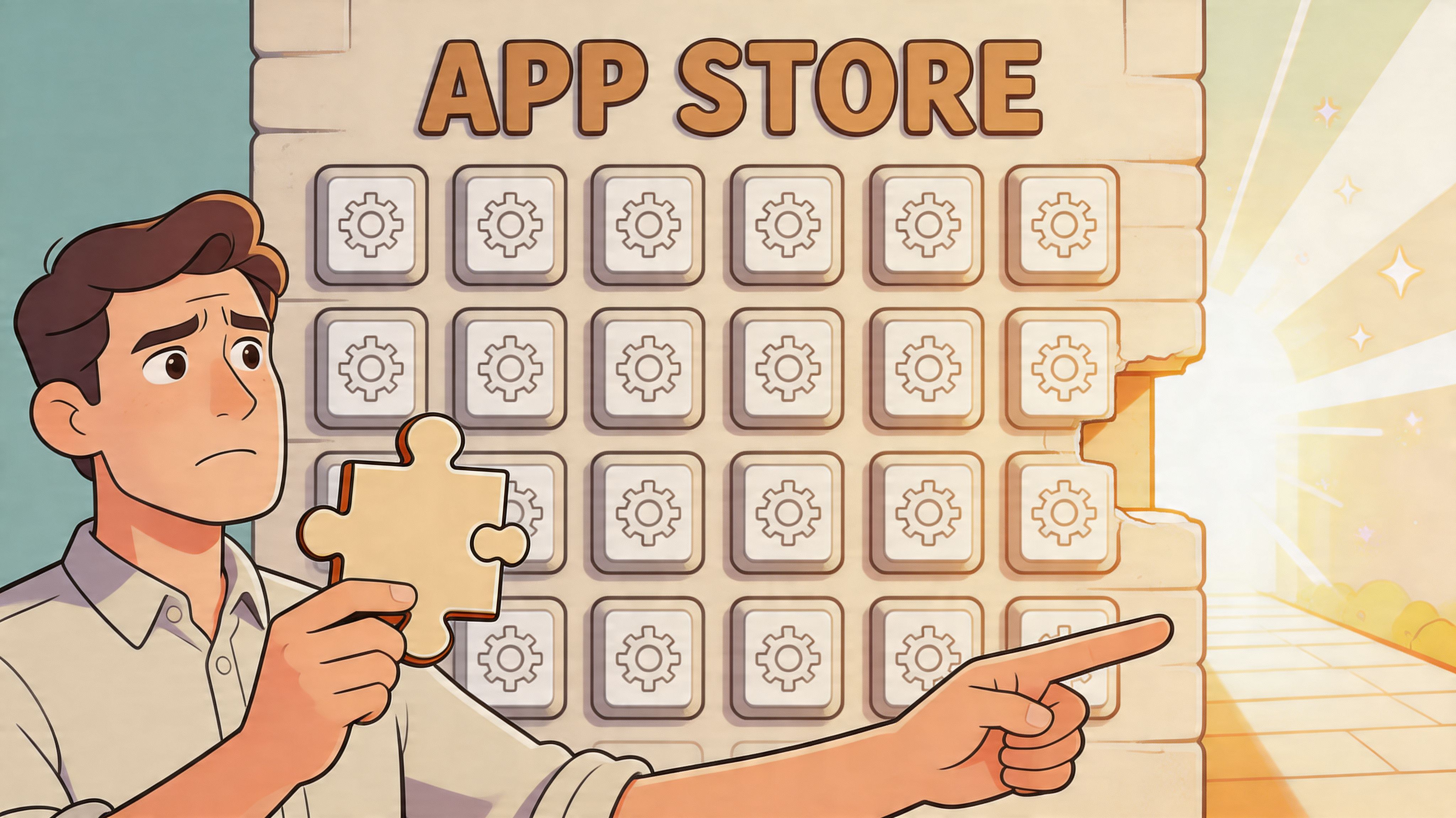 A confused developer holding a puzzle piece while pointing at a missing block in an App Store wall.