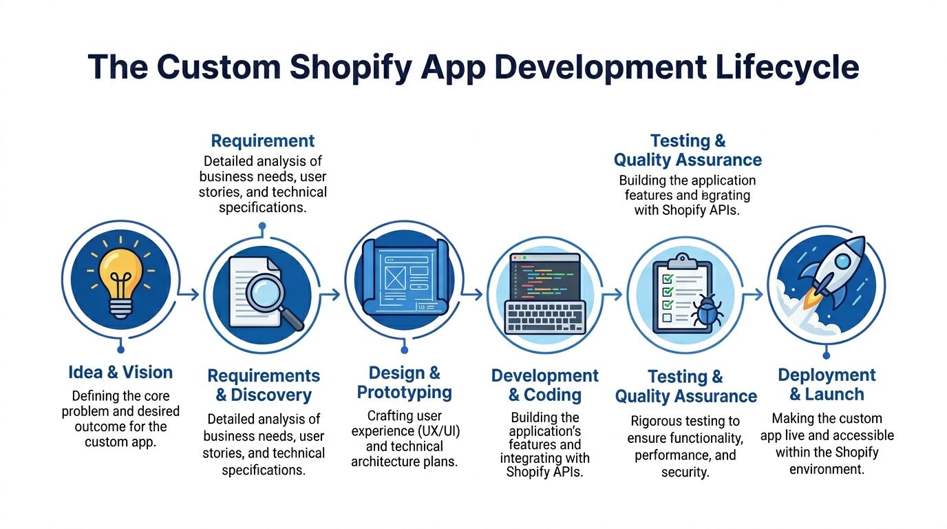 A diagram illustrating the six-step lifecycle of custom Shopify app development, from idea to deployment.