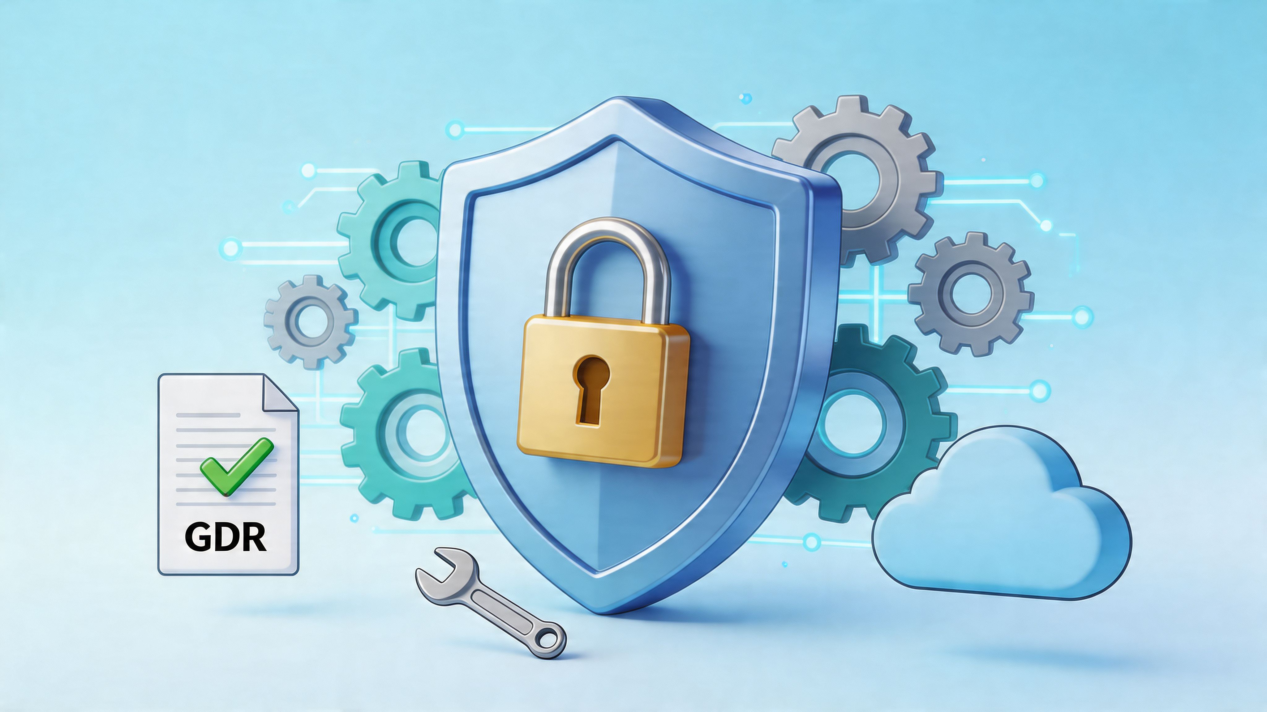 A 3D shield icon with a padlock representing secure data compliance, privacy, and digital protection measures.