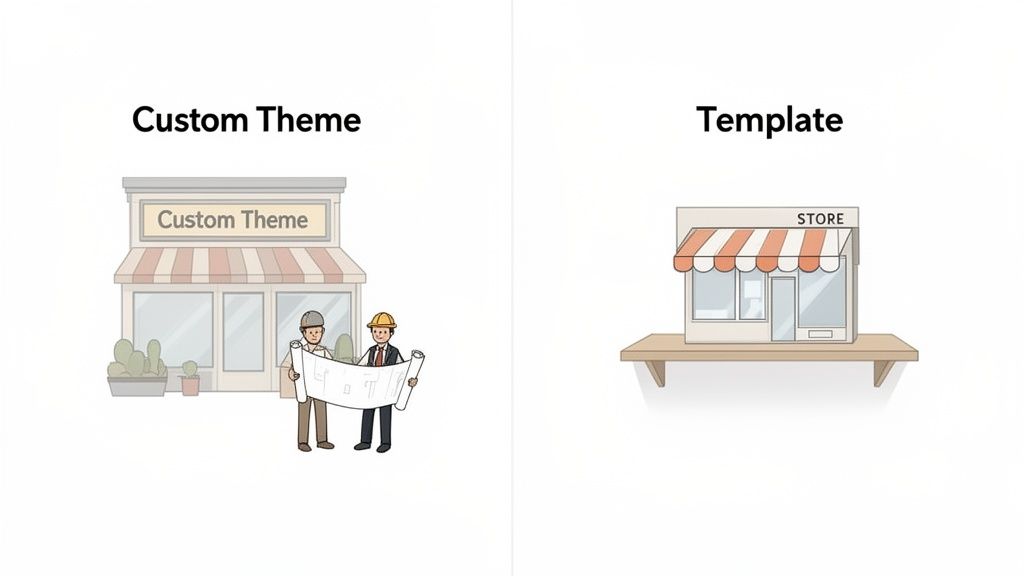 Two images comparing custom themes and templates, showing a store being built and a ready-made store.