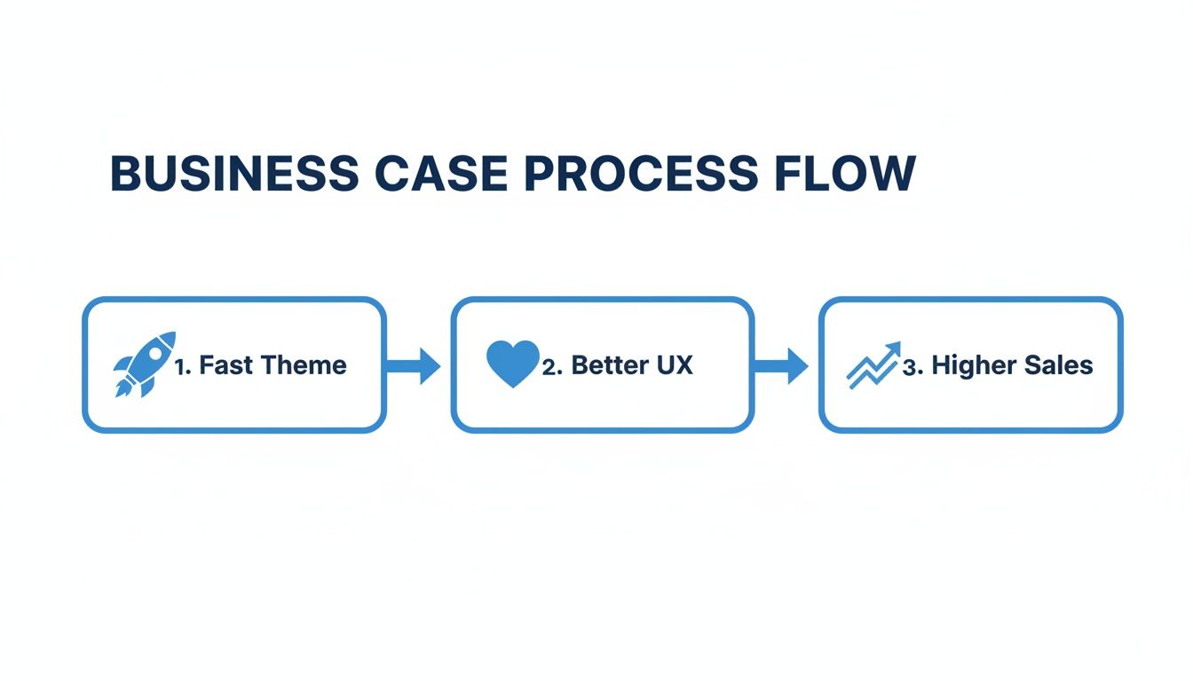 Business case process flow diagram showing that a fast theme leads to better UX and higher sales.
