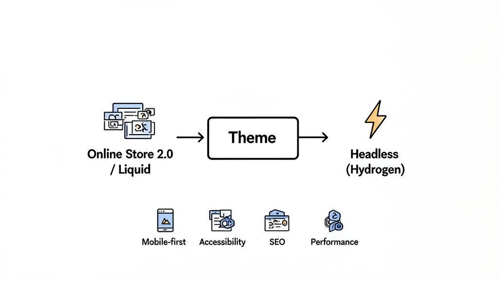 Shopify theme development journey: from Liquid themes to Headless Hydrogen, emphasizing key benefits.