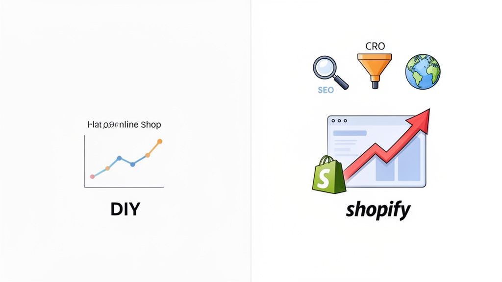 A visual comparison contrasting a fluctuating DIY online shop graph with a rapidly growing Shopify store using SEO and CRO.
