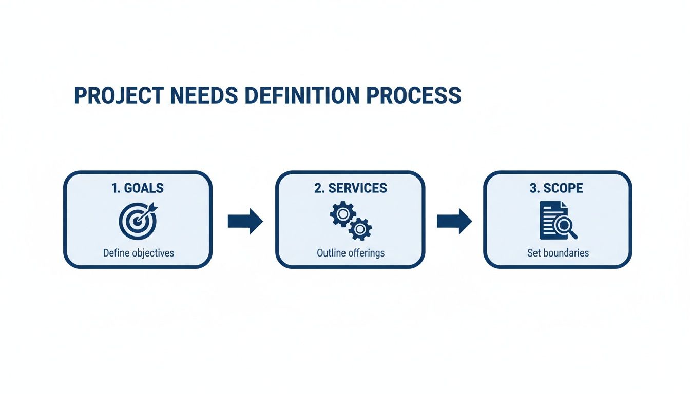 Infographic illustrating the project needs definition process with steps for goals, services, and scope.