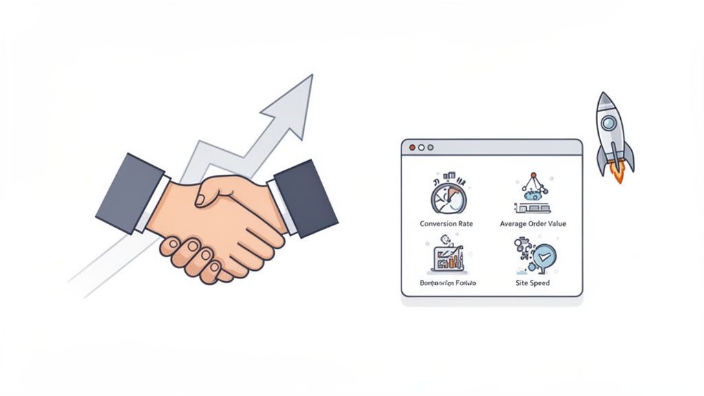 An illustration of a handshake and a screen showing key business metrics like conversion rate, average order value, and site speed, with a rocket for growth.
