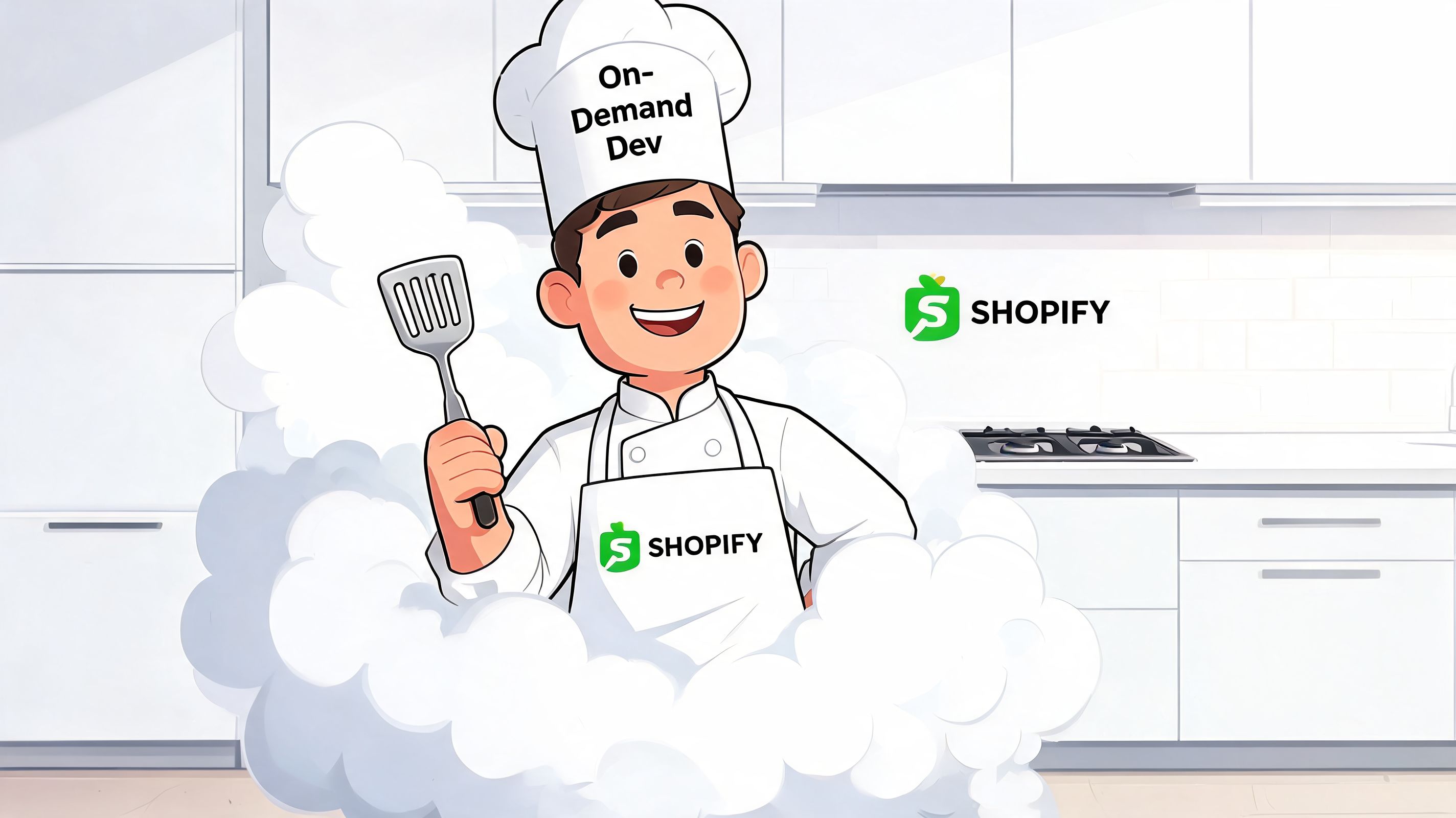A friendly cartoon chef wearing a Shopify branded apron and hat, standing in a modern white kitchen.
