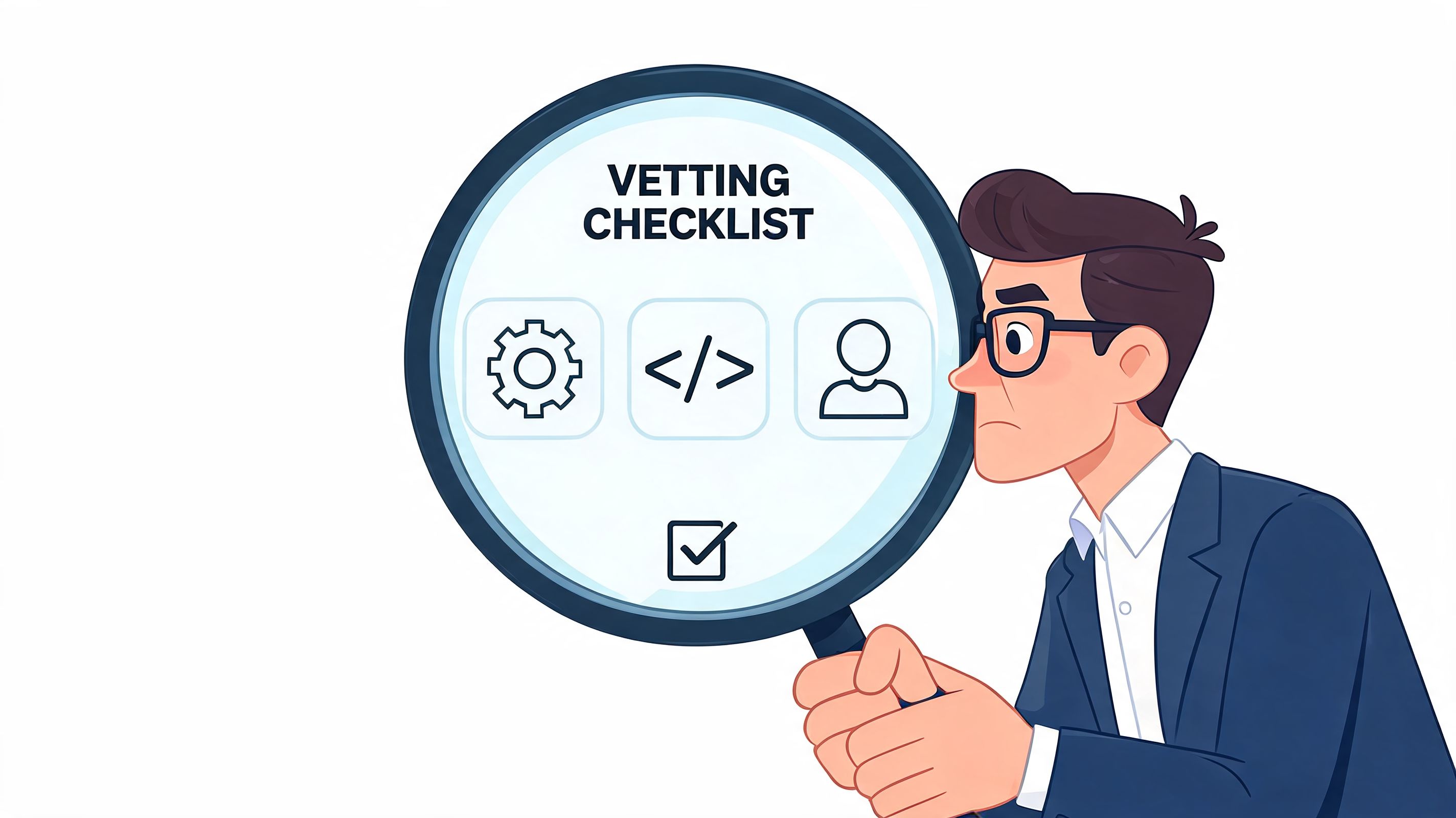 A professional man holding a magnifying glass over a vetting checklist icon representing development and hiring services.