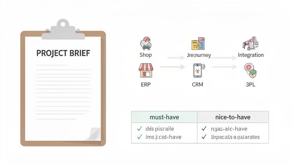 A project brief document next to a diagram of e-commerce system integration and feature requirements.