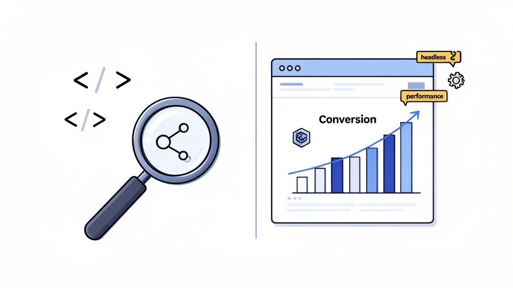 Illustration showing code analysis and a browser with a conversion graph, highlighting headless performance benefits.