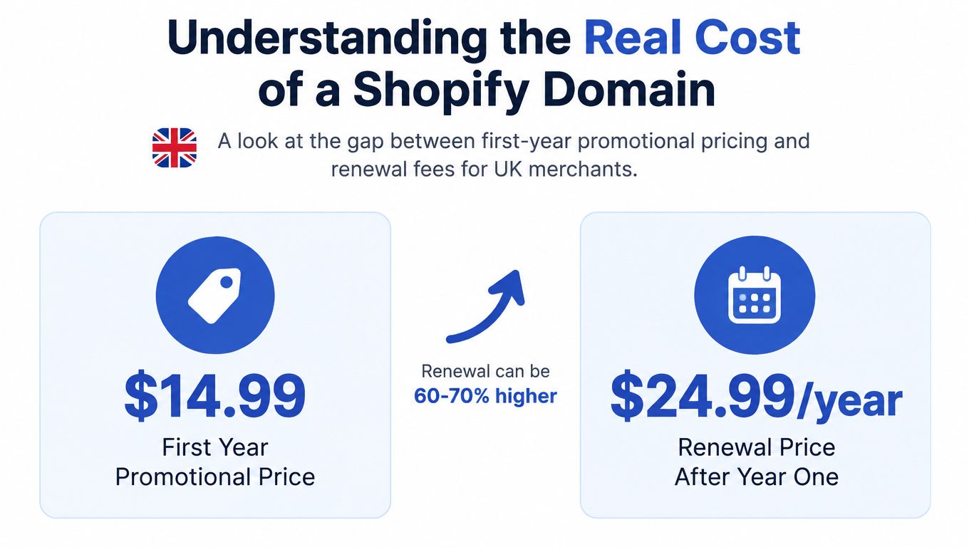 An infographic comparing Shopify domain first-year promotional pricing of $14.99 against the higher $24.99 renewal cost.