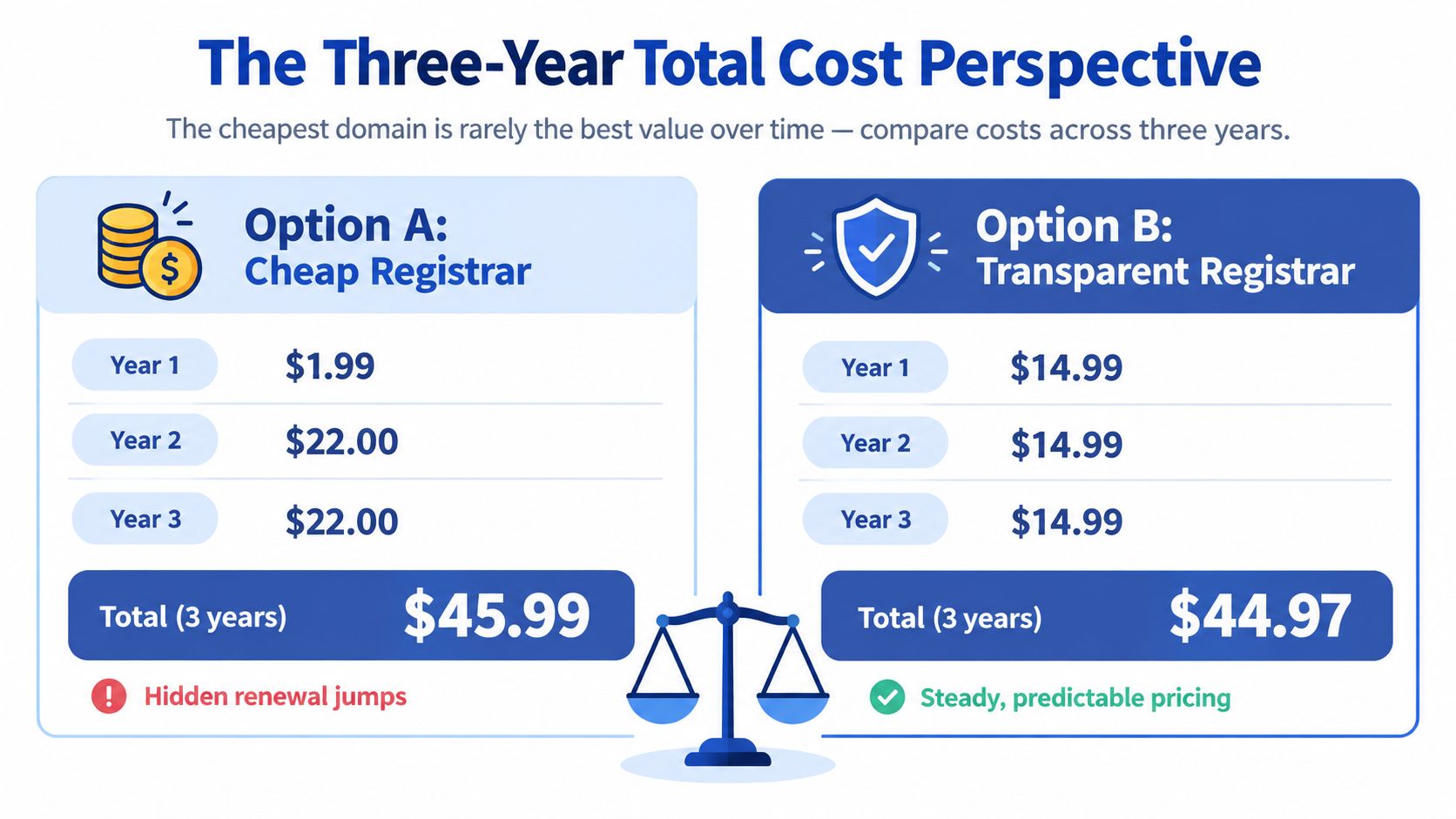 A cost comparison infographic showing how cheap domain registration fees often increase significantly over three years.