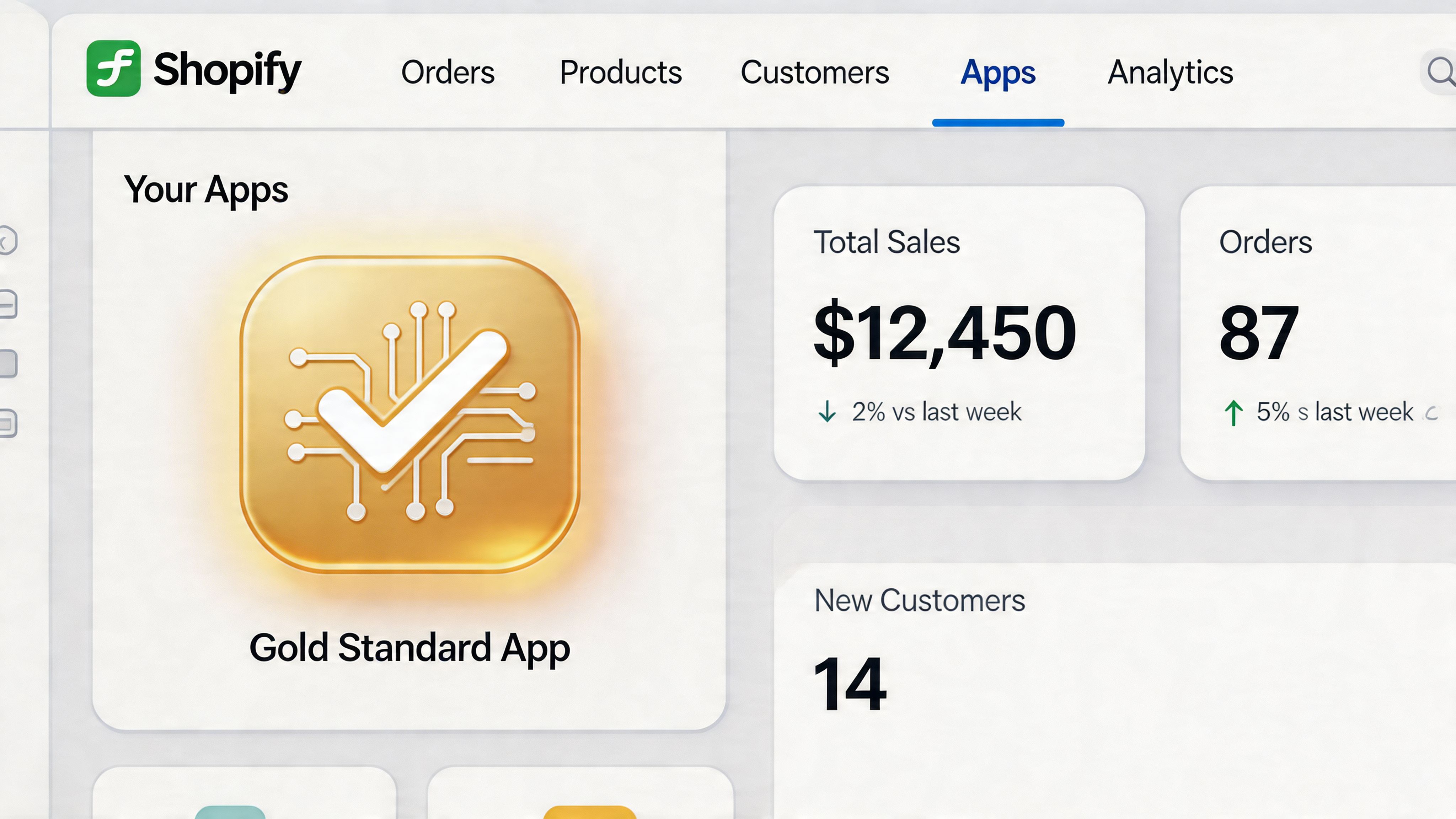 A Shopify dashboard interface showing app metrics, sales data, and the Gold Standard App icon.