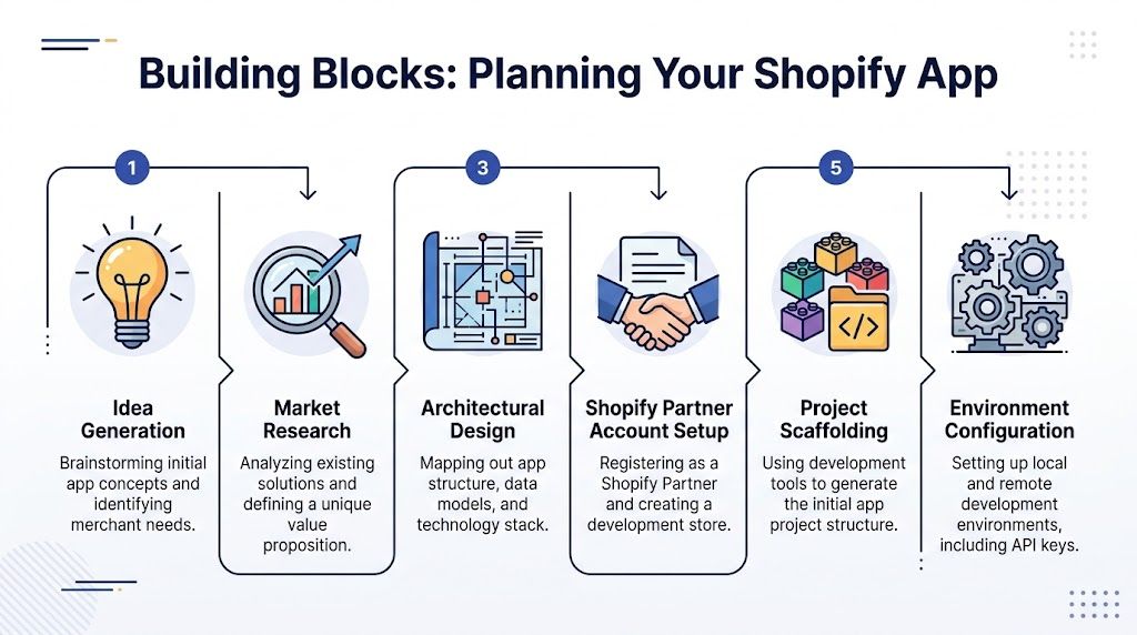 A six-step infographic detailing the essential planning stages for developing a new Shopify application.