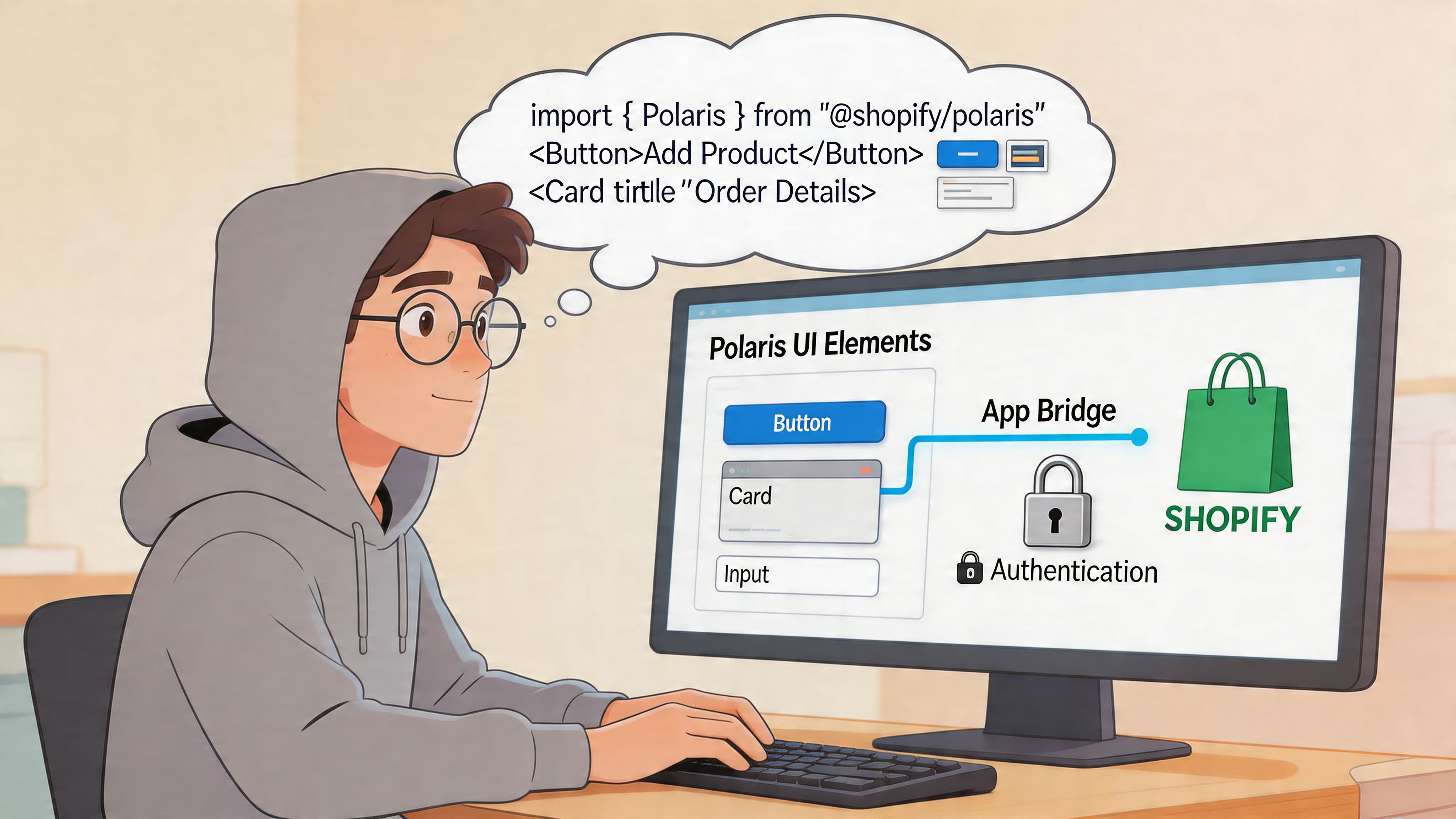 A developer coding a Shopify embedded app while visualizing UI elements and authentication protocols on screen.
