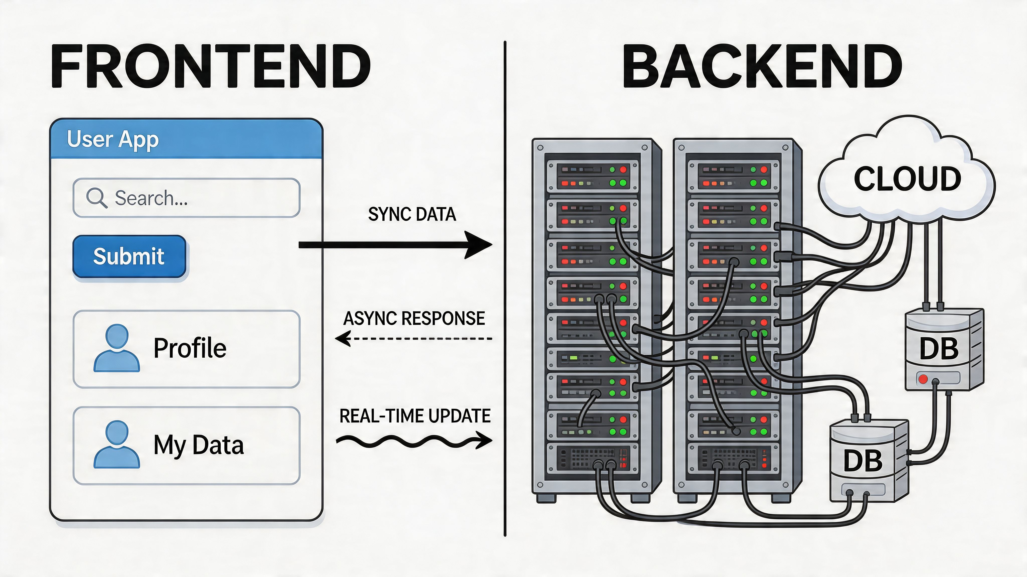 A diagram illustrating the connection between a frontend user application and a backend cloud server infrastructure.