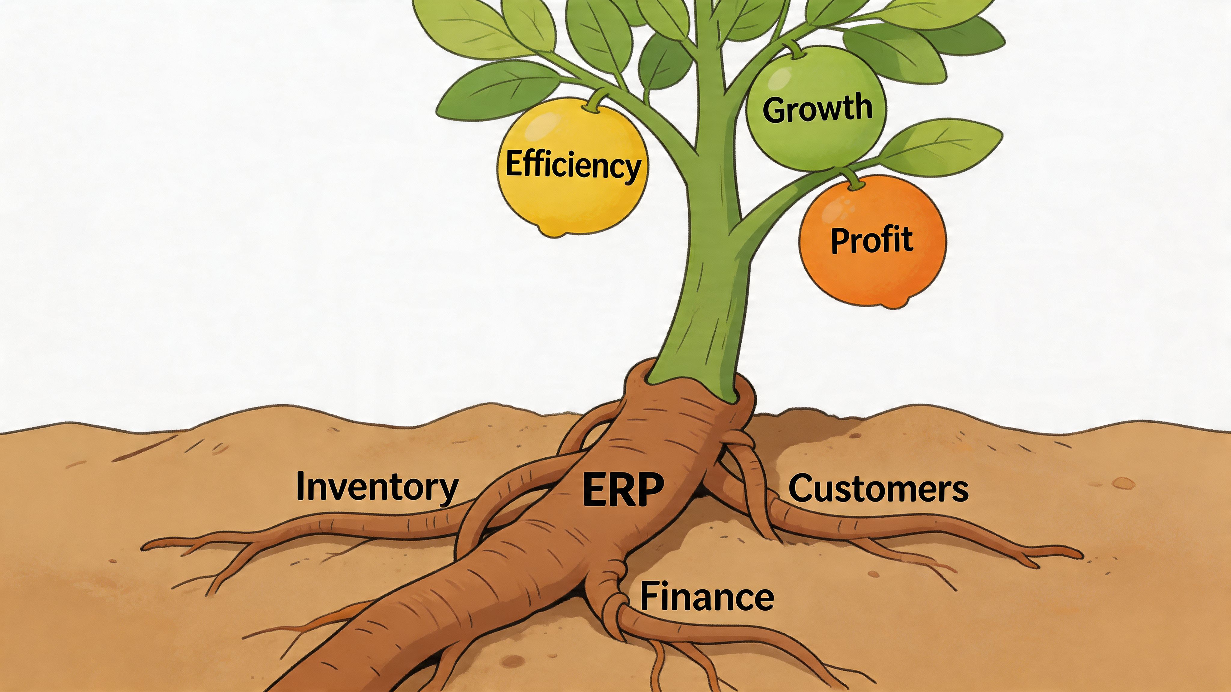 A conceptual illustration of a tree where ERP roots nourish fruit representing business growth, efficiency, and profit.