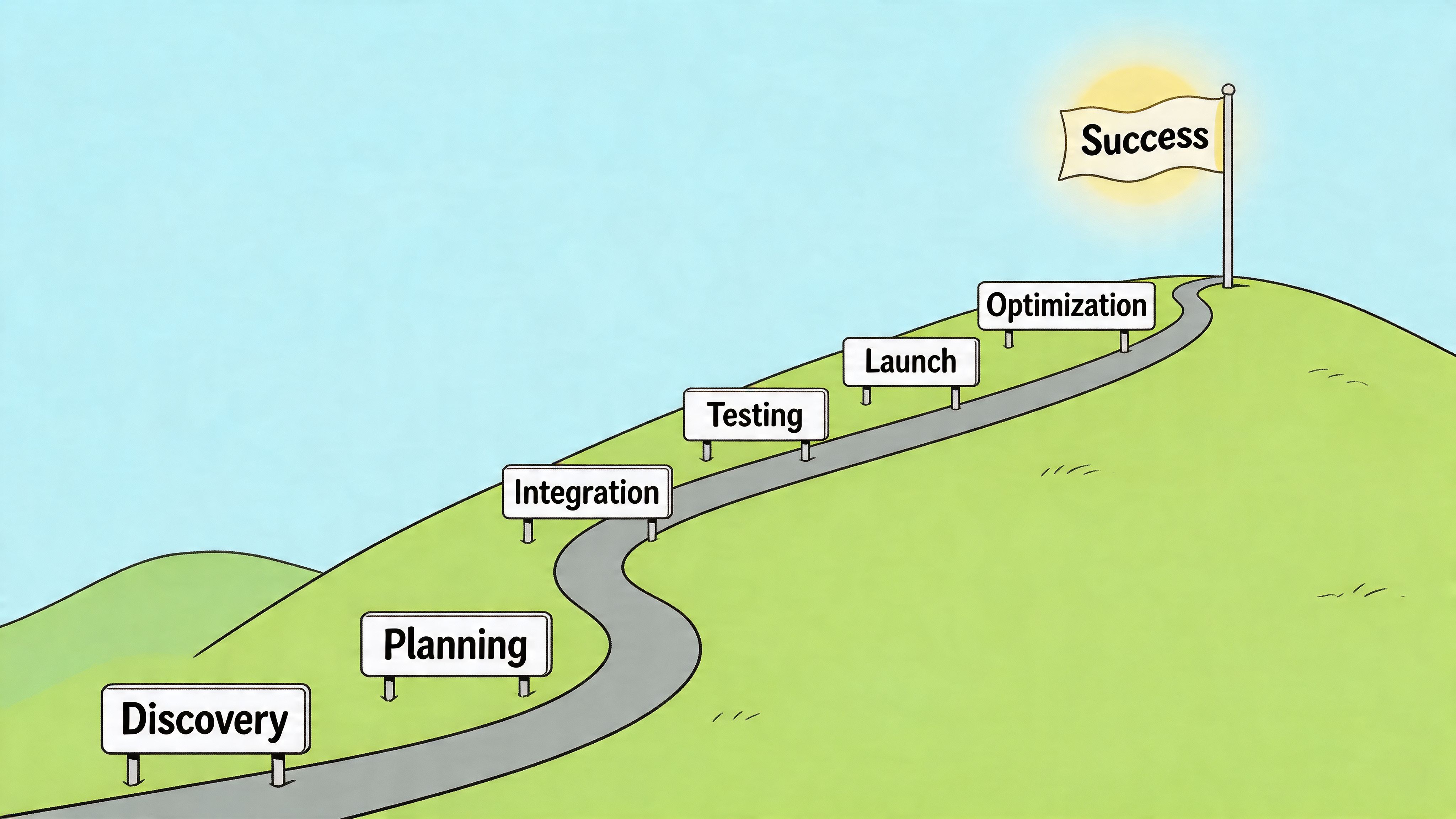 A scenic illustration of a path winding up a hill towards a flag marked with success.
