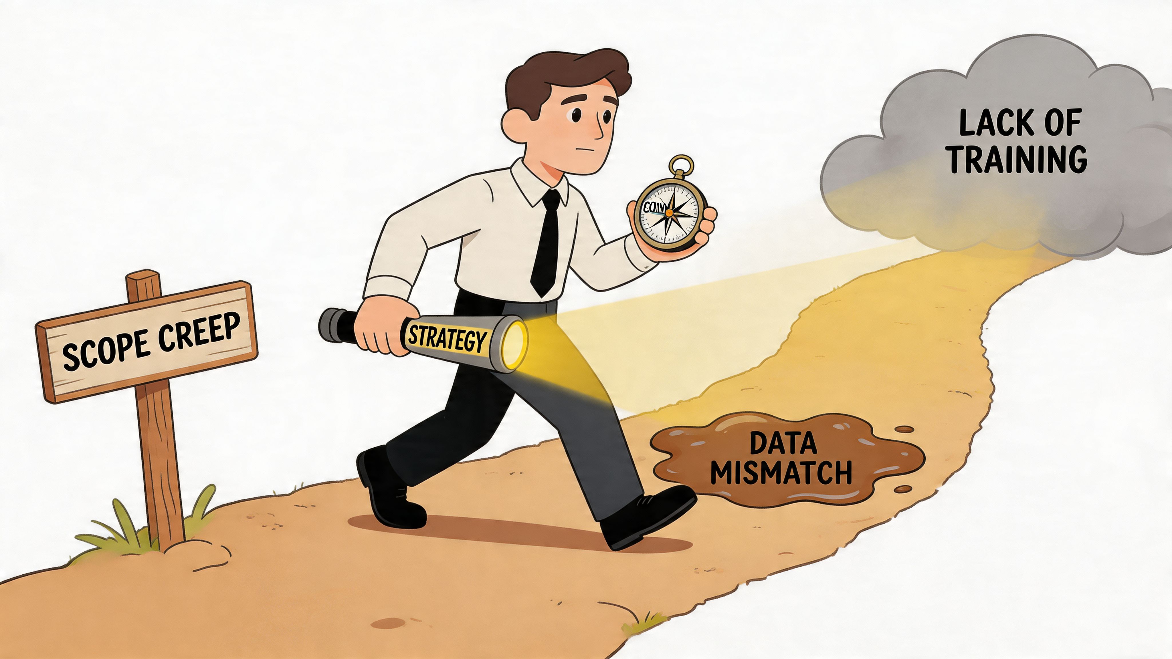 A professional man navigating a path while avoiding pitfalls labeled scope creep, data mismatch, and lack of training.