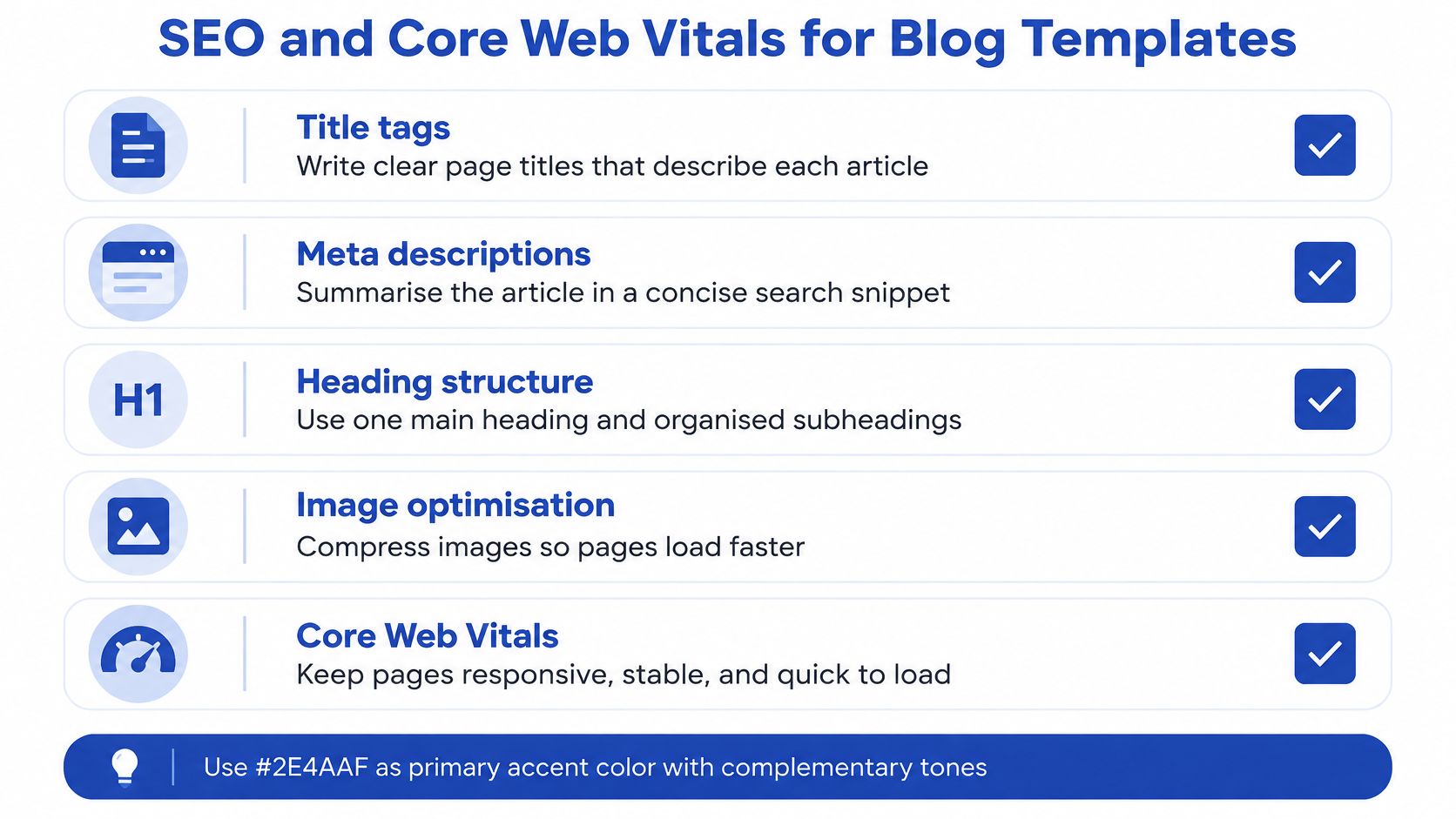 A checklist infographic detailing essential SEO and Core Web Vitals optimization techniques for professional blog templates.