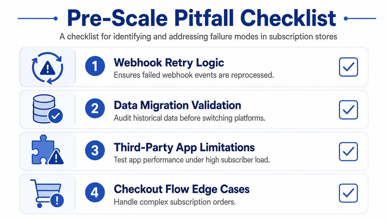 A checklist for subscription stores highlighting four essential steps to prevent failure when scaling operations.