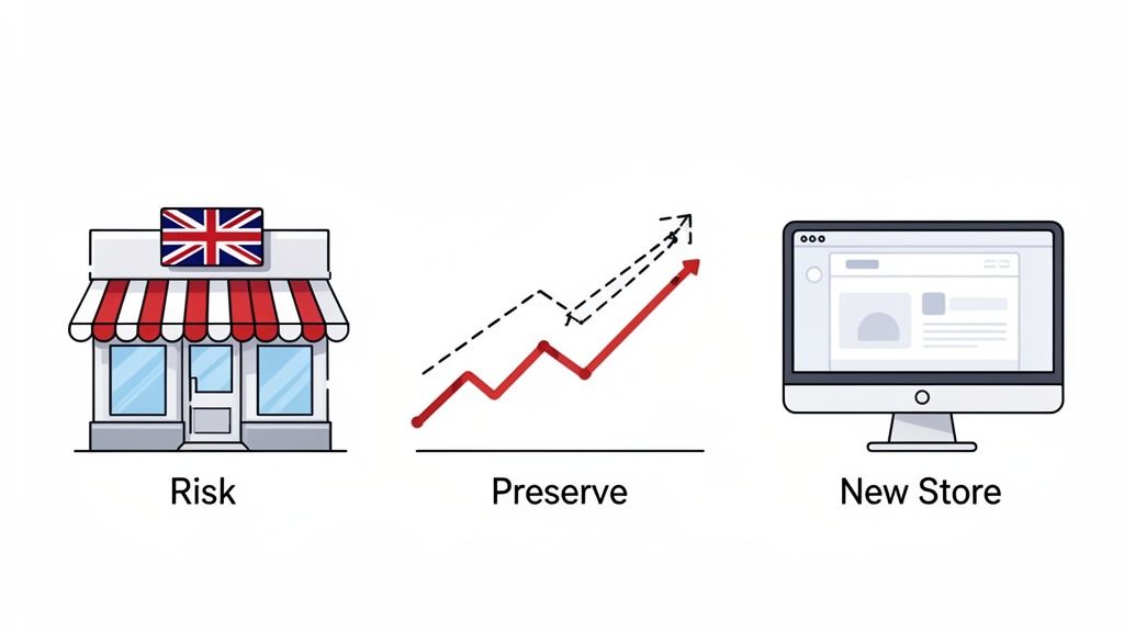 Illustrative icons of a UK store (risk), a rising graph (preserve), and an online store (new store).