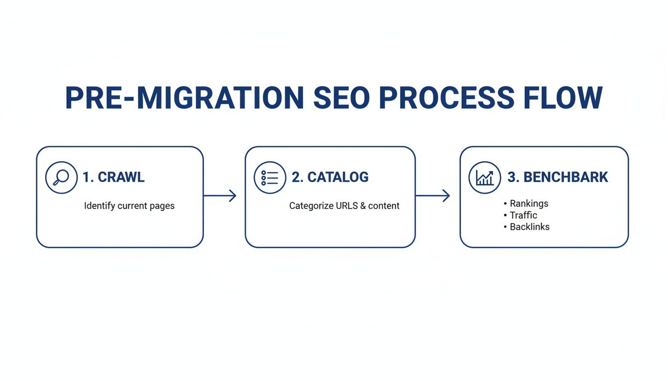 Pre-migration SEO process flow diagram showing three steps: crawl, catalog, and benchmark for website content.