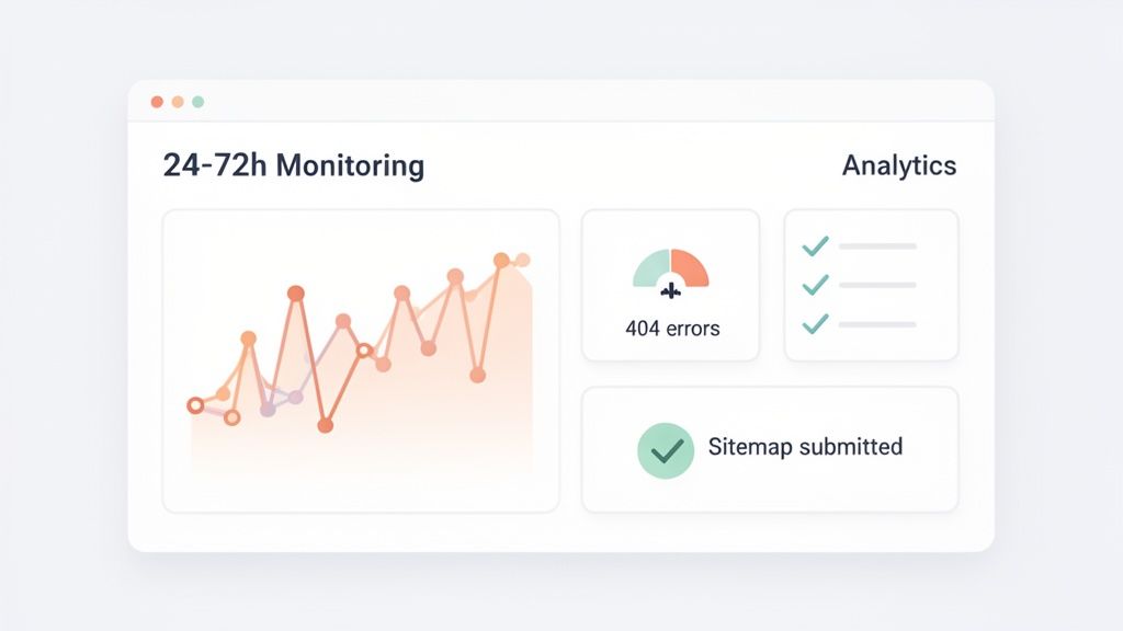 Dashboard showing website performance metrics: 24-72h monitoring, analytics, 404 errors, and sitemap status.