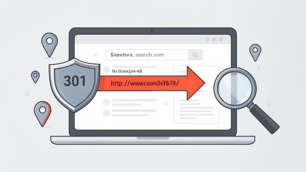 Illustration of a laptop showing a 301 redirect from one URL to another, with a shield and magnifying glass.