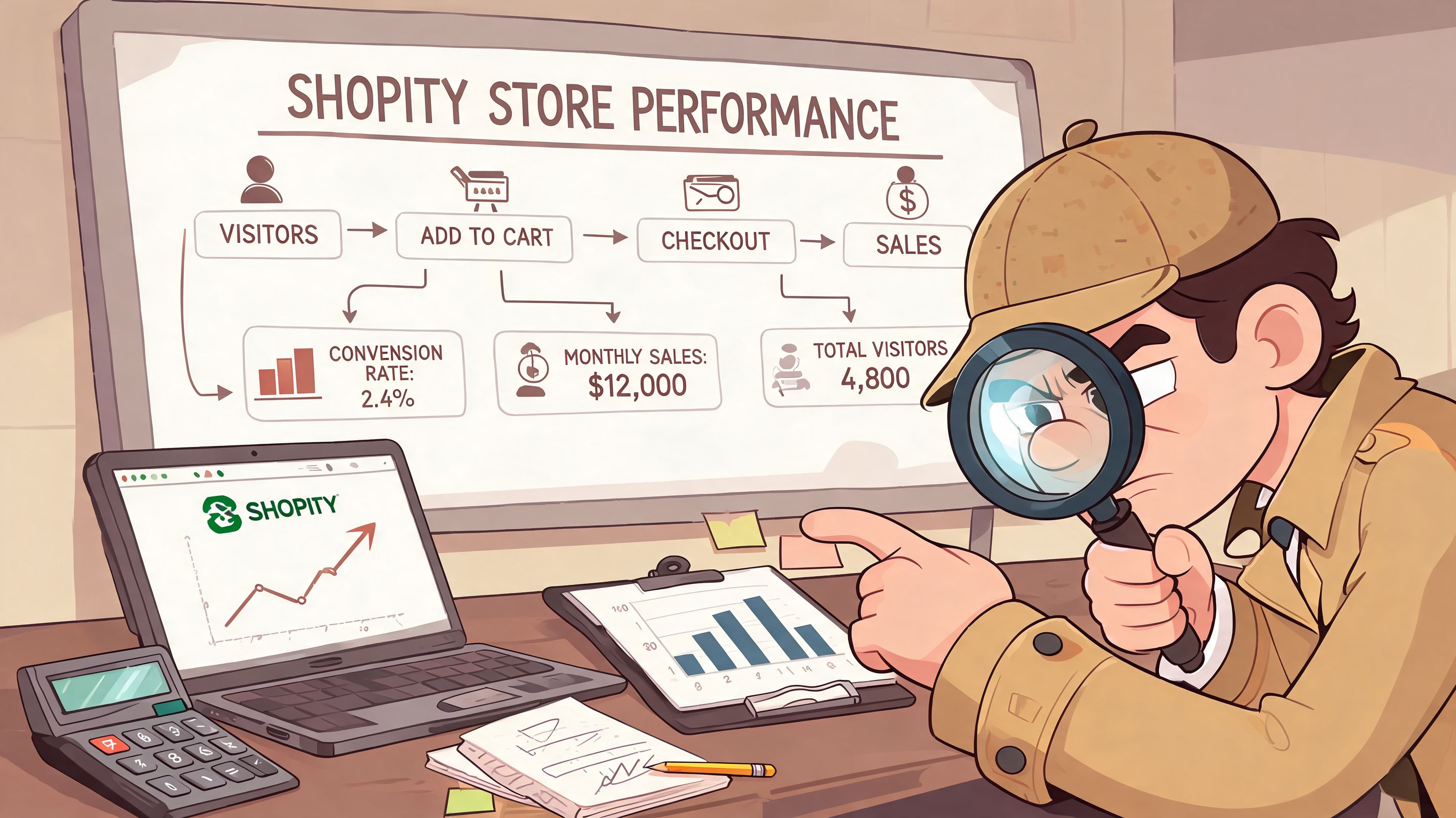 A detective examines e-commerce data on a chart, analyzing store performance metrics like sales and conversion rates.