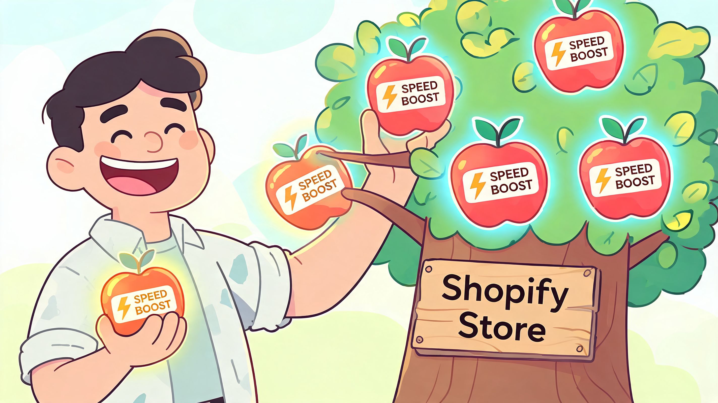 A happy person picking glowing speed boost apples from a tree labeled Shopify Store for performance optimization.